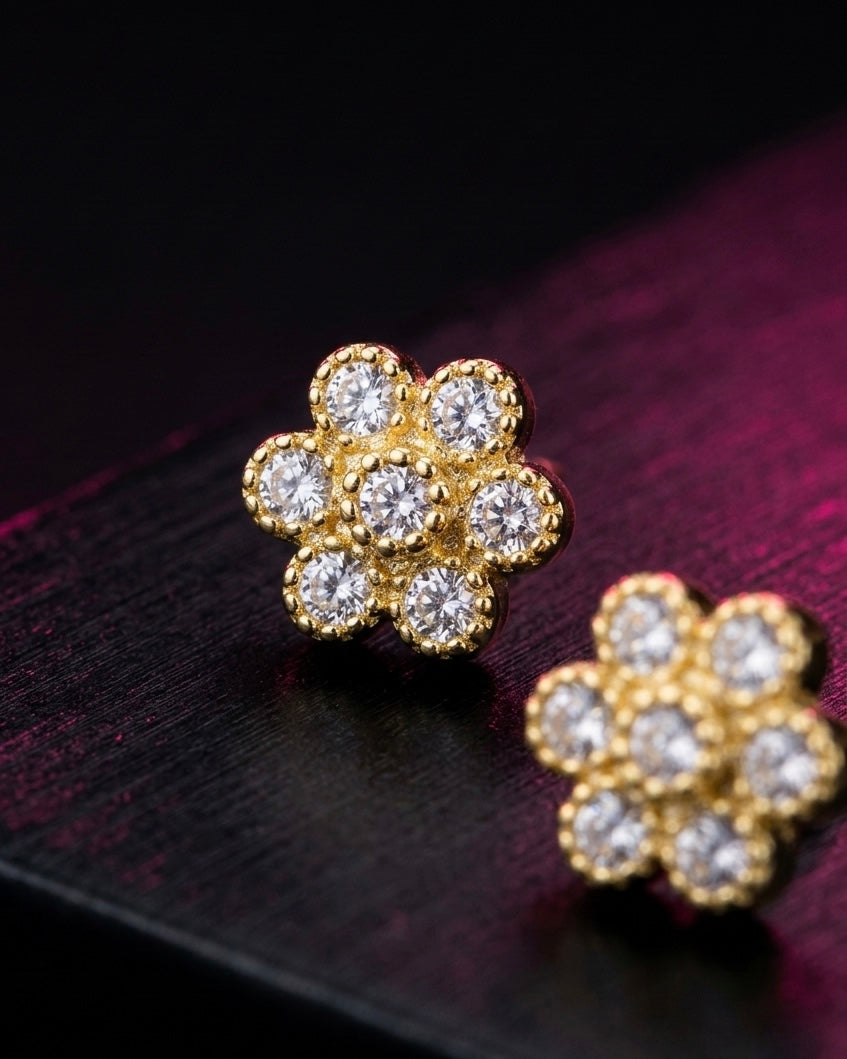 18k gold filled diamond flower stud earrings close up