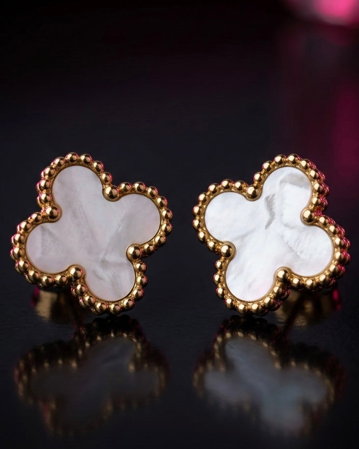 Lucky Pearl Clover Gold Stud Earrings