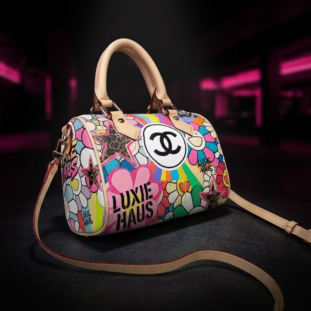 Daisy Luxe Mini floral designer handbag by Luxie Haus with top handle and crossbody strap on a dark luxury background