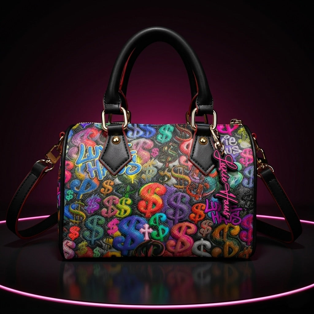 Luxie Haus Rich Girl Mini handbag with colorful money print, top handle and crossbody strap